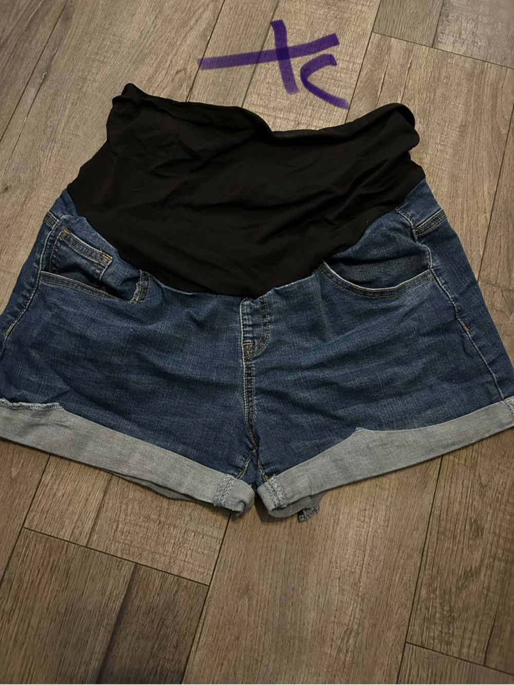 Motherhood Maternity Blue Denim Shorts with Black Waistband